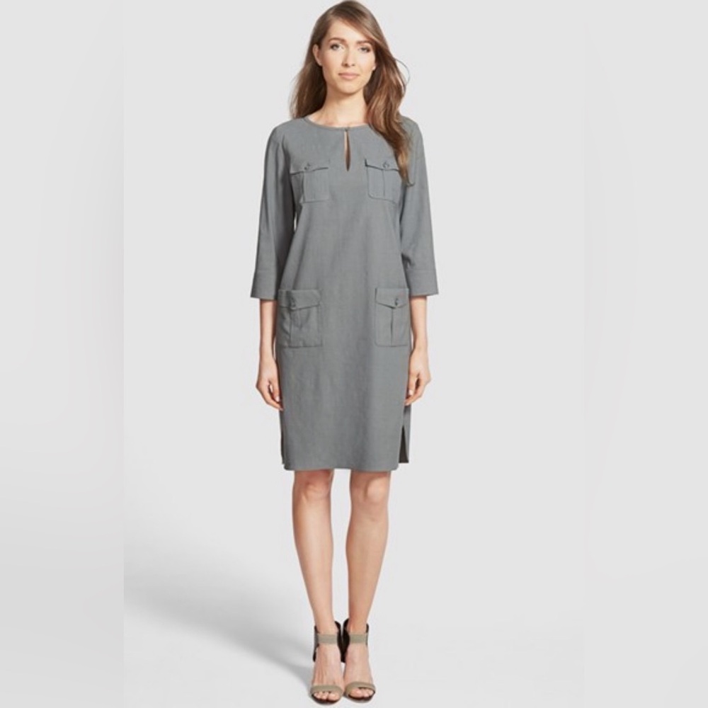 Nordstrom Collection Gray Linen Blend Shift Dress Size 16 Minimalist Pockets